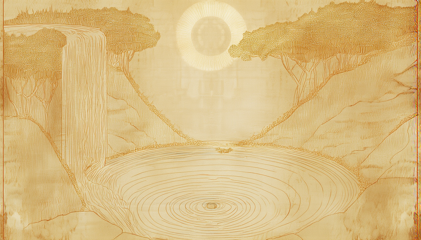 A river flowing down into a still circular pool, the current fanning out