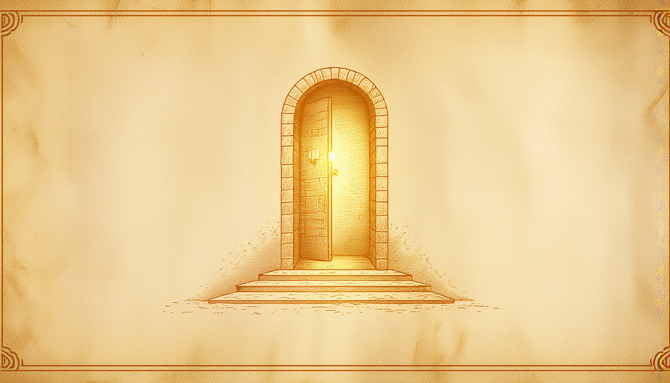 A simple arched stone doorway with warm light spilling through the threshold