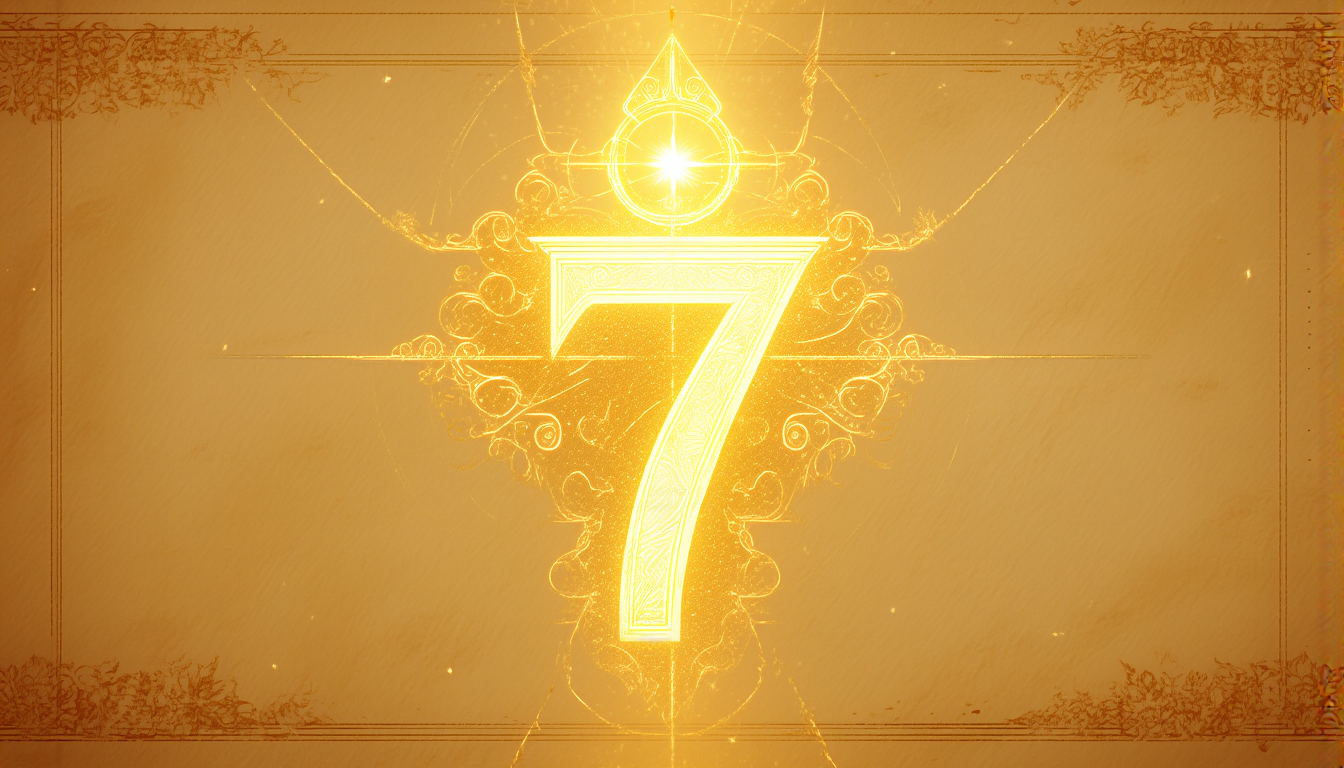 The numeral seven drawn in radiant golden light with a small halo at its apex