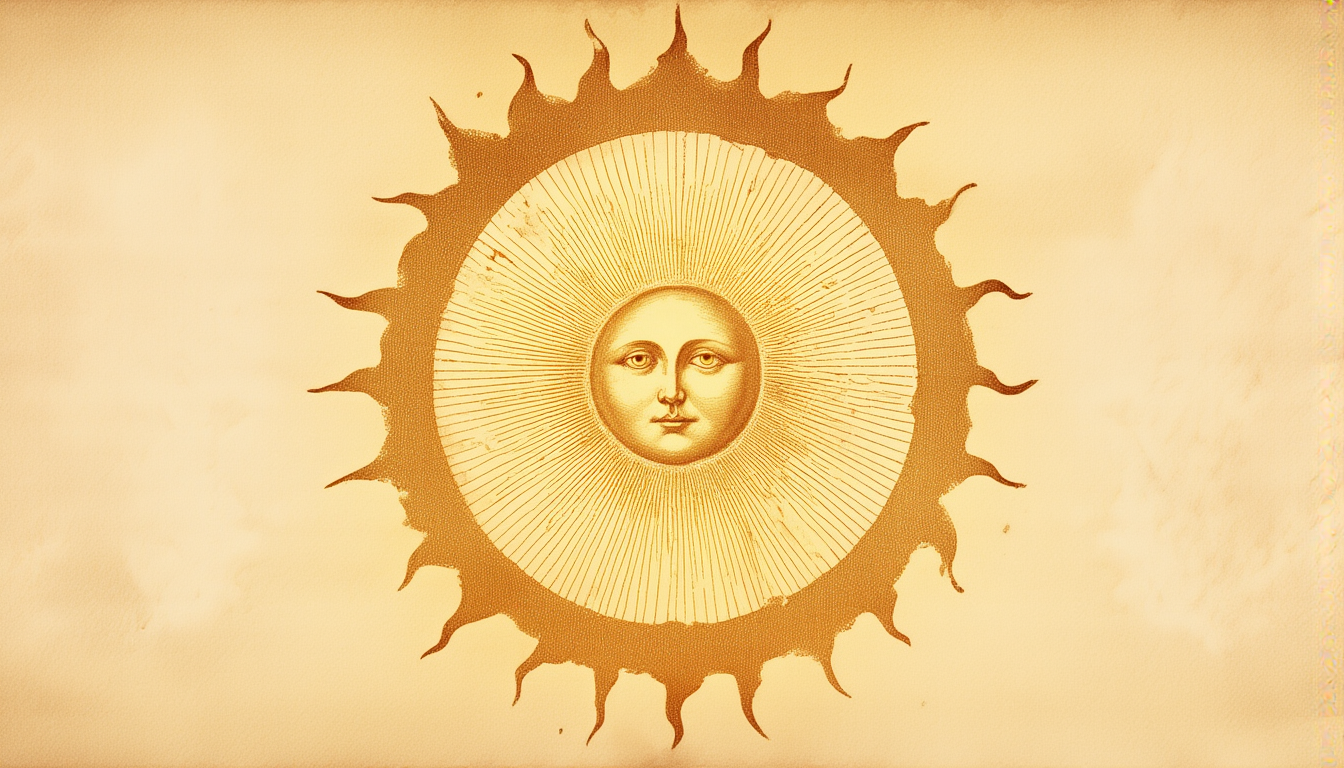 A sun rising through an aperture, rays fanning outward